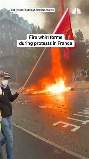 Fire whirl forms during protests in France