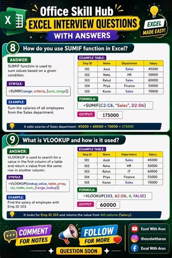 🔥 Excel Interview Questions You Must Know! SUMIF & VLOOKUP Explained 🚀 #ExcelTips #ExcelWithArun