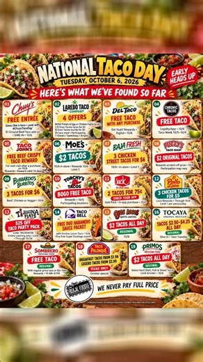 19 National Taco Day Deals 🌮 Free Tacos, BOGOs & $2 Specials