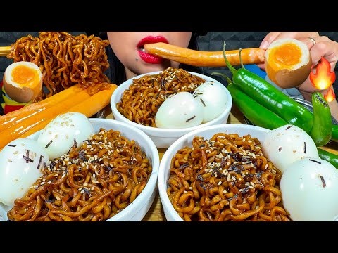 ASMR BLACK BEAN NOODLES, SOFT BOILED EGGS, SAUSAGES, CHILI MUKBANG MASSIVE Eating Sounds