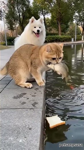 The Fishing Cat & Samoyed Dog | Cat fishing shorts| Cat funny video|#shorts #cat
