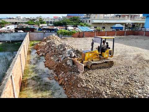 Start New Landfill Flooded Area! Processing Bulldozer D20P Push Stone and Dump Truck Unloading Stone