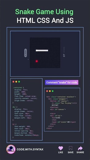 🐍 Snake Game 🎮 Using HTML CSS And JS #js #htmlcss #programming #animation #linux