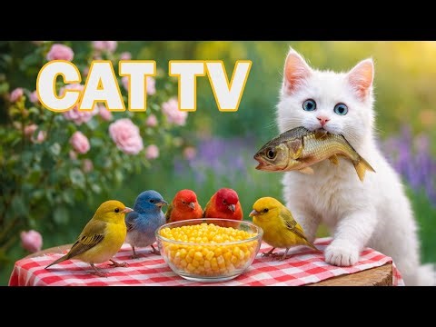 Cat TV for Cats 😺🐟 Cute White Cat Catches Fish on Table with Birds | 4K Pet Video