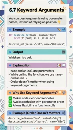 "use keyword args to name your params! Order doesn't matter. clear, flexible code🚀". #python #coding