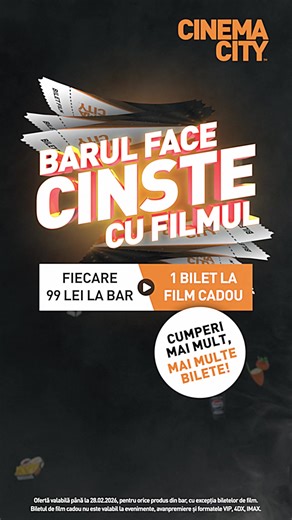 La cinema, experiența începe înainte de film. Cu popcornul fierbinte. Cu nachos crocanți. Cu o băutură rece sau o cafea bună. Iar acum, Cinema City face cinste: la fiecare 99 lei cheltuiți la bar, primești 1 bilet gratuit la film. Tu bucură-te de moment. Filmul e din partea noastră. Promoție valabilă între 24.01 – 28.02.2026, în toate locațiile Cinema City. | Cinema City Romania