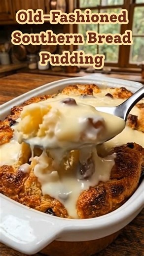 Old-Fashioned Southern Bread Pudding-Don’t Lose This Recipe Warm · custardy · poured-over comfort Have you ever noticed how some desserts feel like they were meant to be eaten slowly, while the house is quiet? This is one of those dishes. Bread pudding was never about precision—it was about care. Leftover bread torn by hand, milk warmed gently, vanilla drifting through the kitchen, and a sauce poured while everything is still warm. It’s humble, patient, and deeply Southern. Don’t Lose This Recip