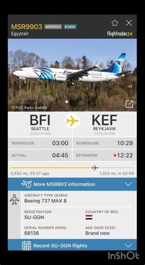 Egyptair Seattle 🇺🇸to Reykjavik 🇮🇸MS9903 Boeing 737 max 8 age 2026 brand new 🇪🇬