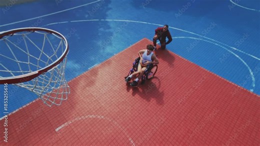 Vibrant game with coaching and teamwork, Inclusive wheelchair basketball with guidance and lively exchanges