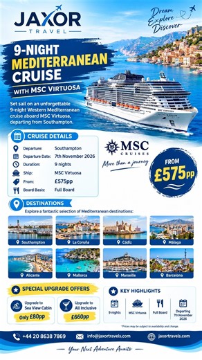 MSC Virtuosa Mediterranean Cruise 2026 🚢 | 9 Nights from £575pp | Southampton | Jaxor Travels