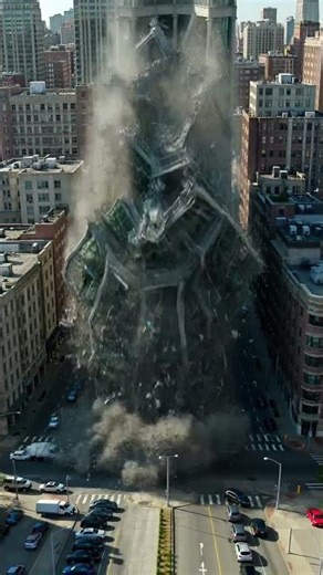 Building collapses in urban area on sunny day with blue sky.