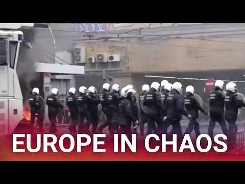 Europe spiralling into chaos as riots spread across borders with fire, tear gas and police clashes