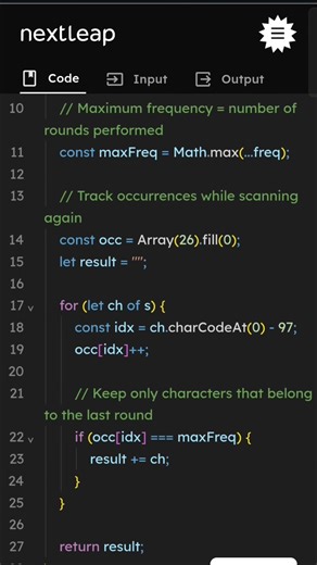 Last String Before Final Removal — JavaScript Solution Explained | String Operations | LeetCode