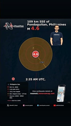 M4.6 Earthquake | 109 km SSE of Pondaguitan, Philippines, Philippine Sea | Voice Alert #Shorts
