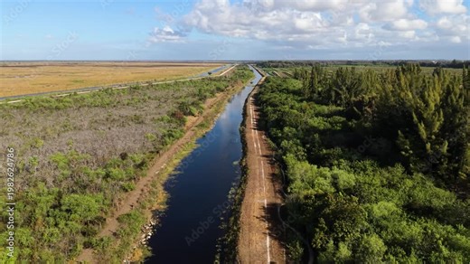 Drone over man-made canal in Delray Beach Florida in Palm Beach County.