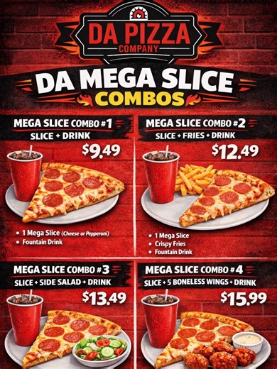 Da Pizza Company on Instagram: "Introducing our new DA MEGA SLICE COMBOS ❤️ 🍕 Fresh, fast, and built for your lunch break or even dinner! Choose from 4 combos including fries, salad, or boneless wings. Available now at Da Pizza Company! ☎️ +1 (630) 537-7788 Order in-store or online. #DaPizzaCompany #WarrenvilleEats #PizzaTime #warrenville #chicagofood"