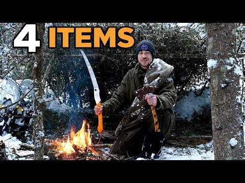 No Backpack, Winter Bushcraft Overnight - Only 4 Items