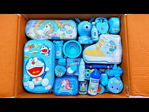Unboxing Ultimate Blue Stationery 📚, Doraemon Pouch, Piggy Bank, Erasner, Sharpener, Notebook, Doms