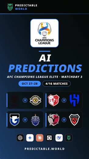 🏟️ AFC Champions League Elite Matchday 3 🔮 AI predictions for all 4 matches: ⚽︎ Ratchaburi vs Kashiwa Reysol ⚽︎ Al Shamal vs Al Hilal ⚽︎ Kashima vs Pohang Steelers ⚽︎ Gamba Osaka vs Buriram United #AfcChampionsLeagueElite #Football #Predictions #AI #AFCChampionsLeagueElite_Matchday3