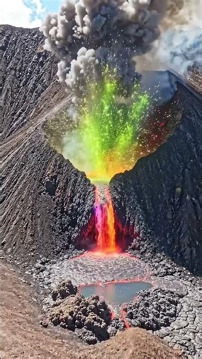 Lava flows transform into a bright neon waterfall. #volcano #fire #eruption #nature #lava #ytshorts