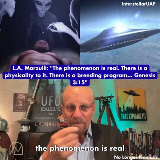 L.A. Marzulli: "The phenomenon is real. There is a physicality to it. There is a breeding program... Genesis 3:15, the seed of the dragon will be at war with the seed of the woman." 👽🛸Government whistleblowers have testified under oath about crash retrievals and non human biologics. Marzulli connects this to biblical prophecy: We are seeing a modern echo of the days of Noah, with a real breeding program involving abductions, genetic mixing, and hybrids."The breeding program is real. Hybrids ar