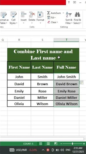 Combine First & Last Name in Excel ⚡ | Flash Fill Trick #Shorts