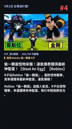 9月1日 台灣油什麼! TOP 1-5|HRS Skibidi、Yuan2020 ROBLOX偷一顆蛋 #Shorts