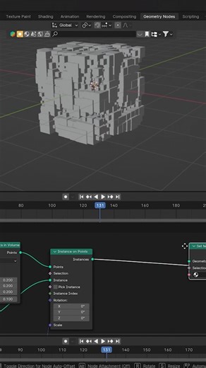 The process of creating an animated 3D cube in Blender using Geometry Nodes