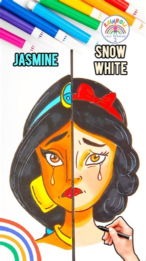 Draw Cute Disney Princesses | Draw Sad Jasmine VS. Snow White 🌈👸🏼 #disney #drawing #shorts #sad