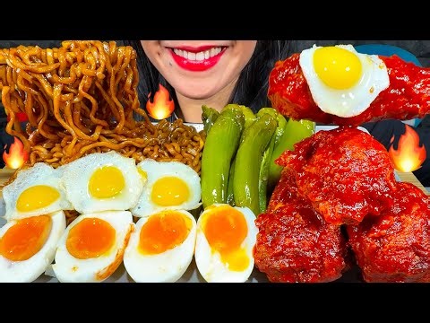 ASMR BLACK BEAN NOODLES, SPICY FRIED CHICKEN, EGGS, GRILLED PEPPERS MUKBANG MASSIVE Eating Sounds