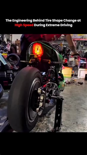 Poweredresearch on Instagram: "This video offers a striking visual demonstration of how extreme rotational forces affect a motorcycle tire during high-speed acceleration. While the bike is secured on a stand, the engine revs the rear wheel to incredible speeds, causing the tire to undergo a dramatic physical transformation. As the rotation intensifies, centrifugal force pulls the tire’s carcass outward from the center of the rim. This results in the tire becoming taller and narrower, significant