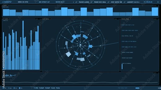 The animation features a complex blue toned dashboard centered on a circular particle collision event display. Surrounding panels show real time bar charts for trigger cross and energy bands, alongsid
