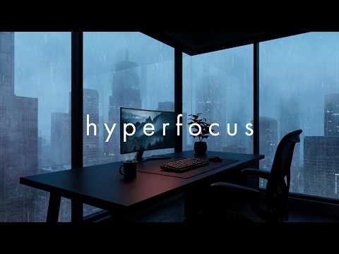 Dark Ambient Music • Moody Modern Home Office with Rainy City Skyline View for Hyper Focus | 4K