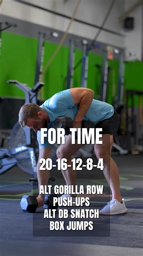All in. 💯 Drop your finish time below ⏬ 20-16-12-8-4 reps of Gorilla Row Push-Up Single Arm Dumbbell Snatch Box Jump or Broad Jump #wod #metcon #workout #garageworkout | OnlineWOD