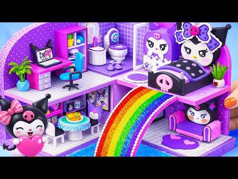 DIY Miniature House ❤️ Building Kuromi Purple Bedroom, Rainbow Slide Pool inside from Polymer Clay