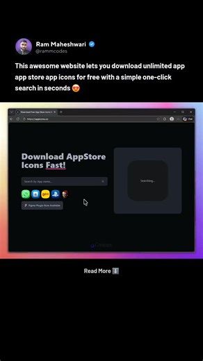 This website is kinda cool 🥽 It lets you search and download app store icons in one click. Super handy when you need icons for ui, mockups, presentations, or inspiration. There’s also a Figma plugin available, so you can pull app icons straight into your designs without leaving your workflow :)) Source 🔗: appicons . co Hope this helps ✅ Drop a like if you found this post helpful! 👍 Follow RammCodes for more 💎 #html #ai #coding #javascript #webdevelopment | RammCodes