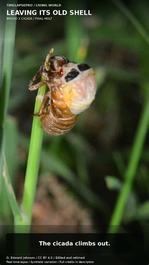 A cicada climbs out of its old body