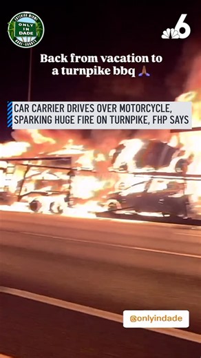 Car carrier drives over motorcycle, sparking huge fire on Turnpike, FHP says
