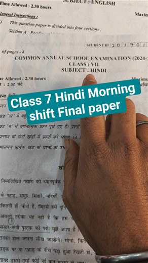 class 7 hindi annual question paper morning shift 2026 / hindi important questions class7 / doe