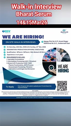 Walk-in Interview I Bharat Serum and Vaccine| 14&150326 #job #pharma