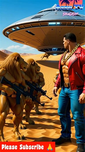 Epic Desert Battle: Muscle Man & Lion Gang vs Alien Spaceship #shorts #trending #viral #ai
