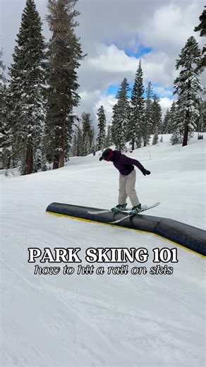 Learning how to hit a rail on skis? ⛷️ details below 👇🏼 First, going to a ski resort with a solid progression park makes ALL of the difference. Northstar has a huge variety of features which makes all of the difference for getting comfortable learning new things in the terrain park! Start with 50-50s on ride-on boxes (just going straight). Look at the landing. Keep your skis straight. Repetition, repetition, repetition 🫶🏼 the more comfortable and fun you have, the easier it will be to start 