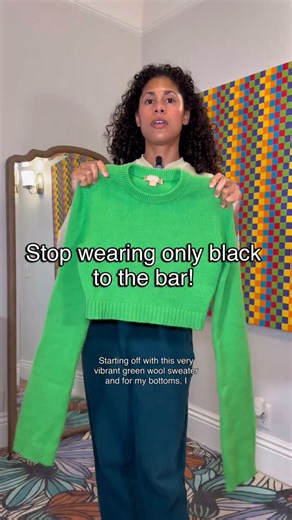 Thalia on Instagram: "Stop wearing only black to the bar! Or keep wearing only black to the bar 🤷🏽‍♀️ haha I’m just trying to inspire you to put on some color!! Went to a bar the day after Christmas with some friends because they wanted to see how much said local bar decorated for the holiday (they really go all out). One thing about me is I’ll dance with or without some drinks in me (I did in fact have drinks in me). Sweater: secondhand via @thredup purchased in 2024 Skirt: secondhand from a 