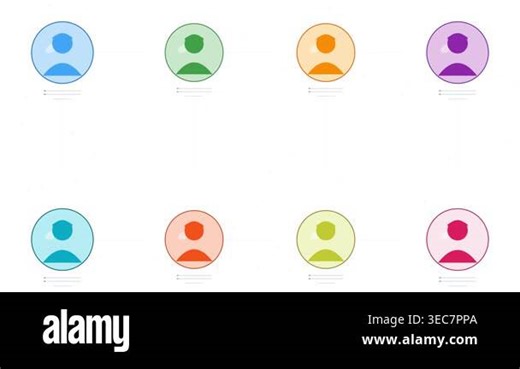 A minimalist vector illustration showing eight colorful circular user profile icons arranged in a clean grid pattern on a white background representing a team or social network interface Stock Video Footage - Alamy