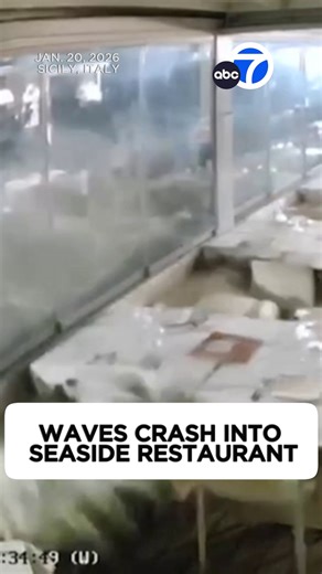 New video shows the moment strong waves crashed into an Italian seafront restaurant in Sicily's Catania during a tropical cyclone. The storm brought heavy rain, strong winds and flooding to parts of Italy. | ABC7