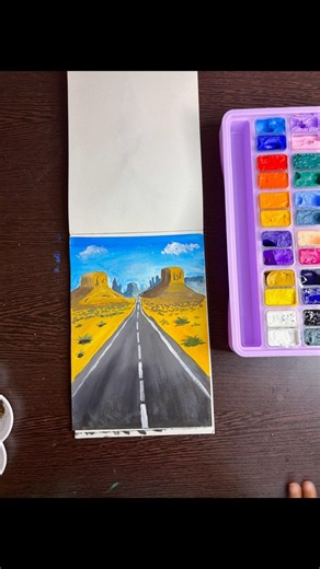 Easy Desert Road Landscape Painting 🌵 | Gouache Painting Tutorial on Watercolor Paper #shorts