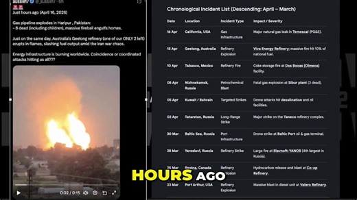 🚨 COINCIDENCE OR COORDINATED? ENERGY INFRASTRUCTURE EXPLODING WORLDWIDE! 🚨 on April 16th:- Massive gas pipeline explosion in Haripur, Pakistan — 8 dead, including children, homes engulfed in fire.- Australia’s Geelong Refinery (one of only two left) erupts in flames.Recent incidents include:- April 15: Geelong Refinery explosion (Australia)- April 10: Refinery fire in Mexico- April 8: Petrochemical blast in Russia- April 5: Targeted strikes in Bahrain- Multiple refinery/port strikes in Russia,