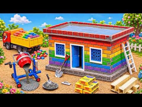 DIY Construction Science Project | Mini Rainbow Brick House with Mini Tractor Building Concrete Roof