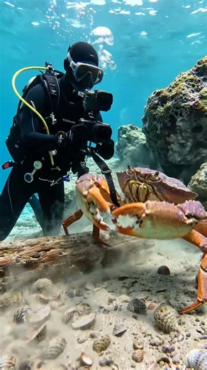 Scuba Diver Encounters Large Crab Underwater