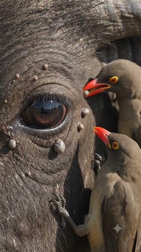 What Are These Birds Eating Near the Baby Buffalo's Eye?